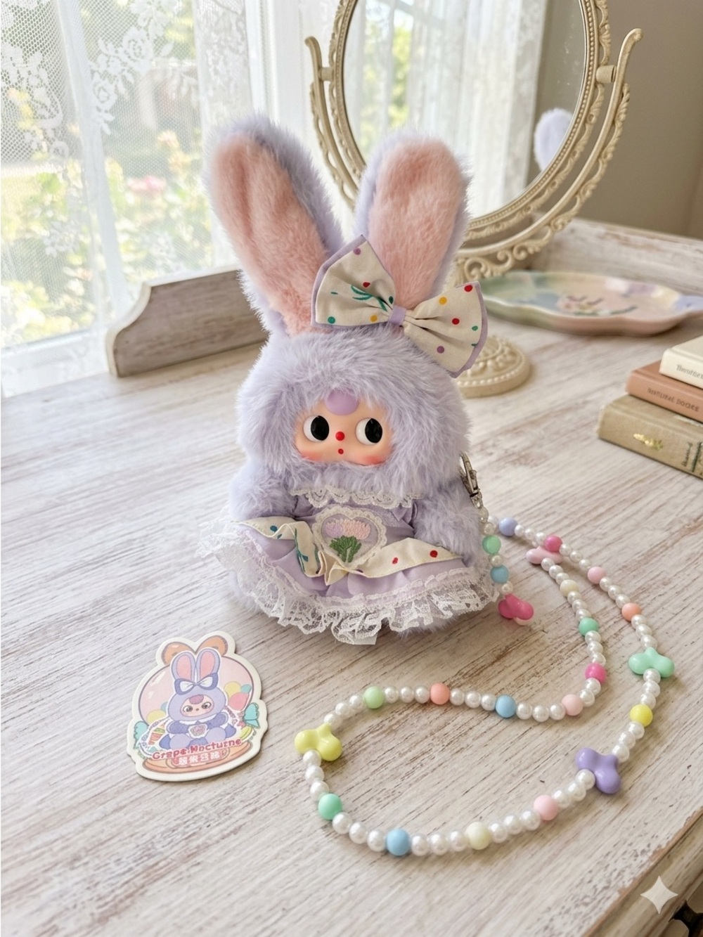 Baby Three Grape Nocturne Plush Lavender Bunny Keychain Charm with Polka-Dot Bow